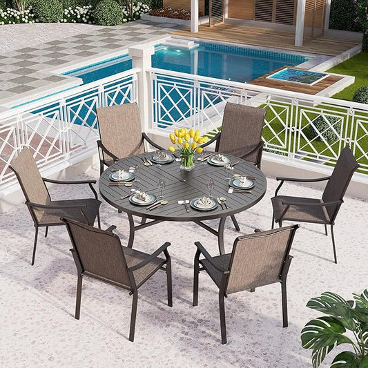 PHI VILLA 7 PCS Patio Dining Table and Chairs,Round Metal Dining Table with 6 Dining Chairs,Sling Fabric and Metal Frame,Outdoor Dining Set for Yard Garden