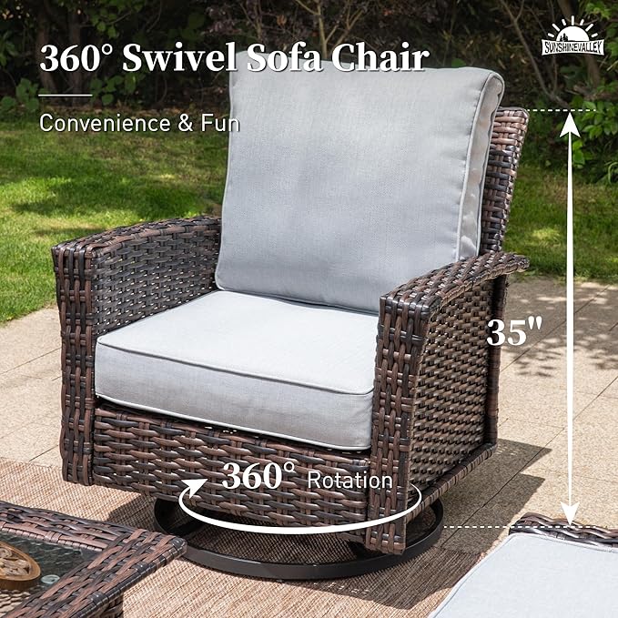 Patio Furniture Set with Swivel Chairs, High Back Wicker Rattan Furniture with 5.5" Thick Cushions and Coffee Table, Outdoor Conversation Set for Backyard Deck,5 Seats, Grey