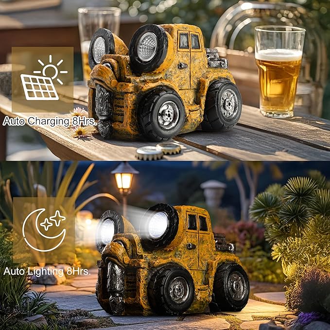 Garden Statue Outdoor Construction Vehicle Decor with Solar Light Decoration for Yard Patio Lawn Vintage Engineering Decor Gifts for Women