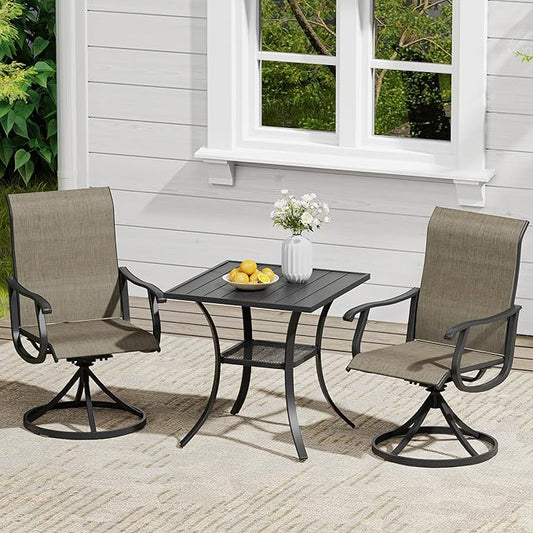 VICLLAX 3 Pieces Outdoor Dining Set, Patio Furniture Set of 2 Patio Swivel Dining Chairs and Small Dining Table with Storage Shelf, Mixed Brown Chairs & Black Tabletop