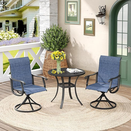 DIFY 3 Pieces Outdoor Patio Bistro Dining Set, 2 Blue Textilene Swivel Dining Chairs and 27.6" Black Small Round Dining Table, Outdoor Table and Chairs