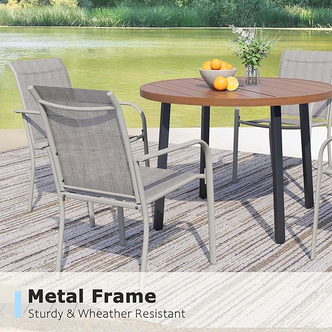 5 Pieces Round Dining Table Set for 4, Patio Dining Set Includes 4 Grey Stackable Patio Chairs and 1 Walnut Round Table, Patio Furniture Sets with Sling Support for Outside, Garden