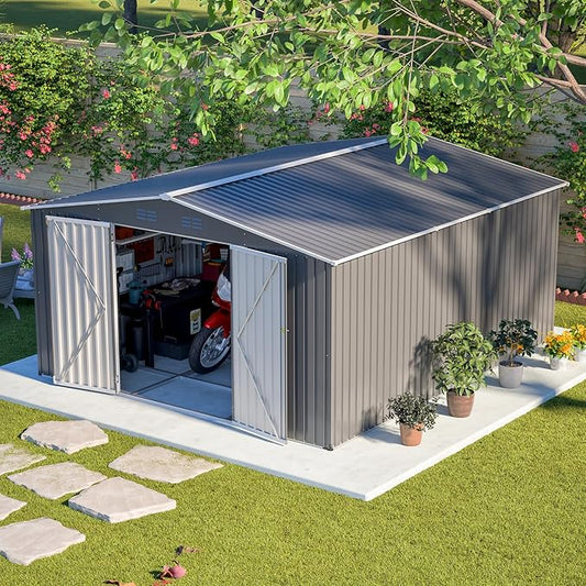 12x14FT Outdoor Storage Shed Metal Shed W/Floor Frame,Garden Tool House W/ 4 Air Vents,Lockable Double Doors & Sloped Roof,for Patio,Lawn,Backyard,Light Gray