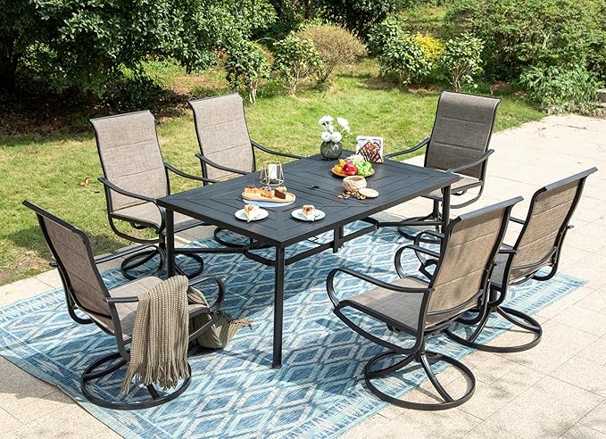 PHI VILLA 7 Piece Patio Dining Set, Outdoor Table and Chairs Furniture Dining Set with 6 Outdoor Swivel Dining Chairs and 1 Large Metal Table, Patio Set for Lawn Garden Deck, Padded Textilene