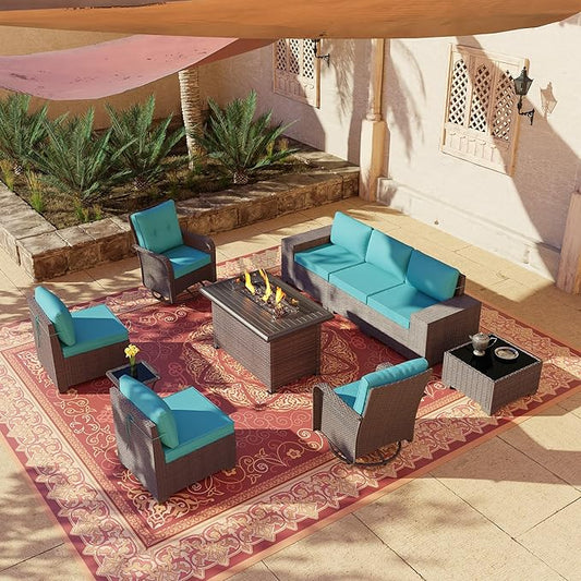 10 Pieces Outdoor Patio Furniture Set Outdoor Furniture Patio Sectional Sofa Conversation Sets w/ETL Approved 45" Gas Outdoor Fire Table & Coffee Table, Swivel Rocking Chair (Turquoise)