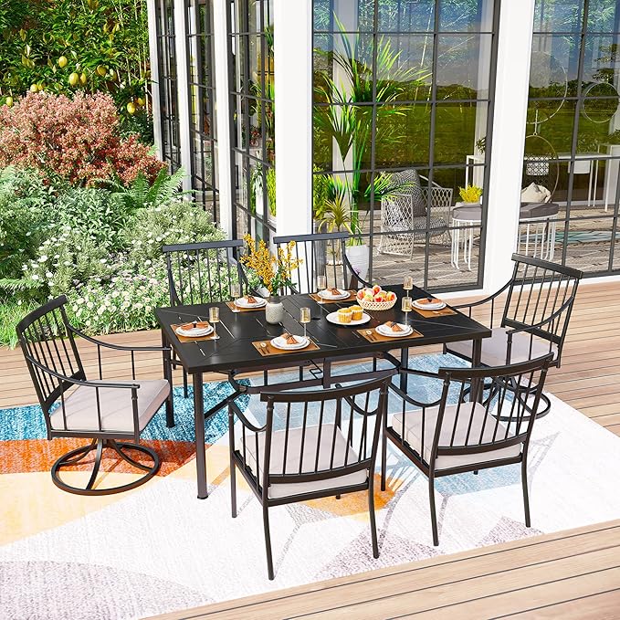 PHI VILLA 7 Pieces Patio Dining Table Set with Cushion for 6, Large Rectangular Metal Dining Table with Umbrella Hole & Cushioned Swivel Iron Chairs for Outdoor, Deck, Yard