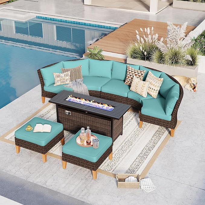 GREEN PARTY 7 Pieces Wicker Patio Furniture Set with 56" Fire Pit Table, All-Weather Outdoor Rattan Patio Half-Moon Curved Sectional Sofa Conversation Set with 4" Thick Cushions for Backyard (Blue)