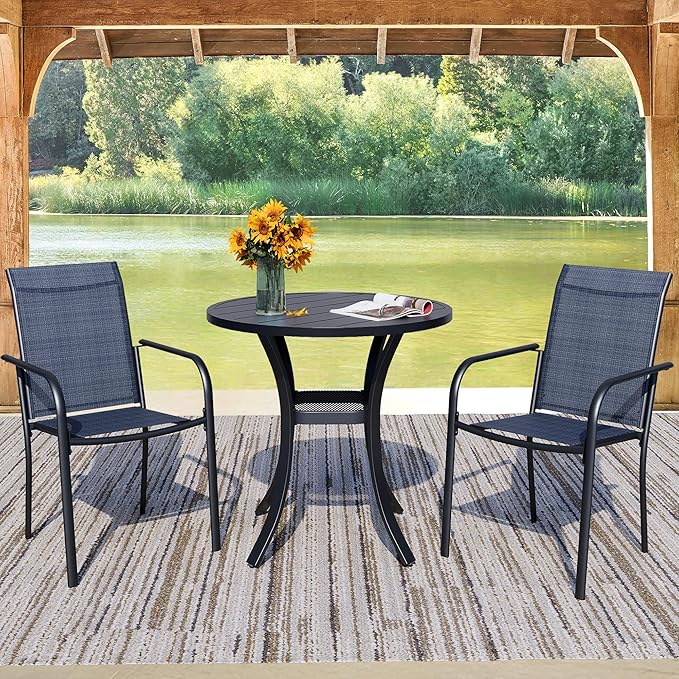 3 Pieces Round Dining Table Set for 2, Patio Dining Set Includes 2 Dark Blue Stackable Patio Chairs and 27.6" Black Metal Round Table, Patio Furniture Sets with Sling Support for Outside, Garden