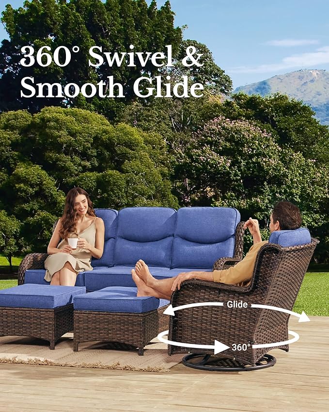 HILLGA Luxury Patio Furniture Set with 6-inch Thick Cushion, Outdoor Couch and High Back Swivel Rocker Patio Chairs, 8PCS Wicker Conversation Set for Deck Yard and Poolside, Blue (V2)