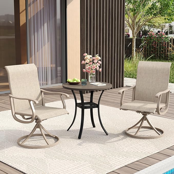 VICLLAX Patio Dining Set for 2, 3 Pieces Outdoor Furniture Includes 27.5" Small Round Patio Table and 2 Outdoor Swivel Chairs for Lawn Garden, Grey Wood Grain Tabletop and Sandshell Fabric