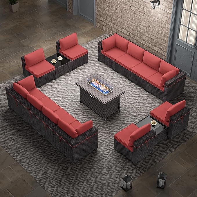 Outdoor Patio Furniture Set with Propane Fire Pit Table, 15 Pieces Outdoor Furniture Patio Sectional Sofa Conversation Sets w/ETL Approved 43" Gas Outdoor Fire Table & Coffee Table(Red)