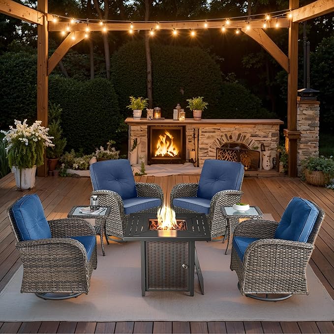 7 Piece Patio Furniture Set with Fire Pit Table - Wicker Patio Conversation Set with 4 Swivel Glider Chairs and 2 Tempered Glass Side Tables for Deck Backyard - Brown Wicker Blue Cushion