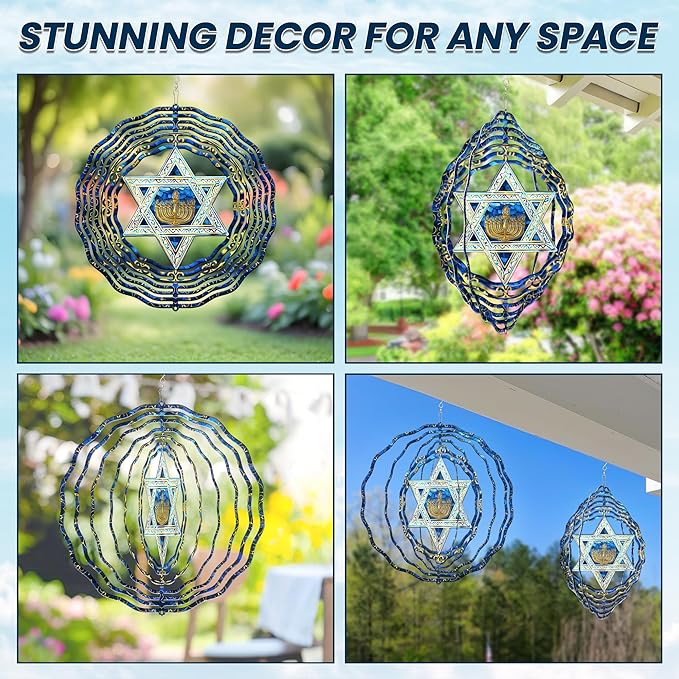 FLAGWIX Christmas Hanukkah Gifts for Women Men - Star of David 3D Stainless Steel Wind Spinners Outdoor 12in- Christmas Hanukkah Decorations, Hanging Wind Spinners Garden Decor, Religious Jewish Gifts