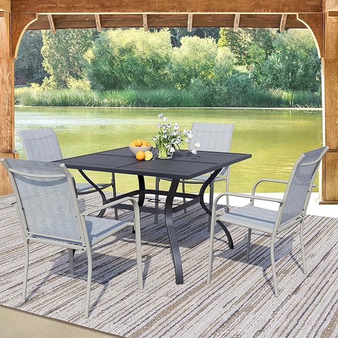 5 Pieces Sqaure Dining Table Set for 4, Patio Dining Set Includes 4 Beige Blue Stackable Patio Chairs and 1 Black Mesh Square Table, Patio Furniture Sets with Sling Support for Outside, Garden