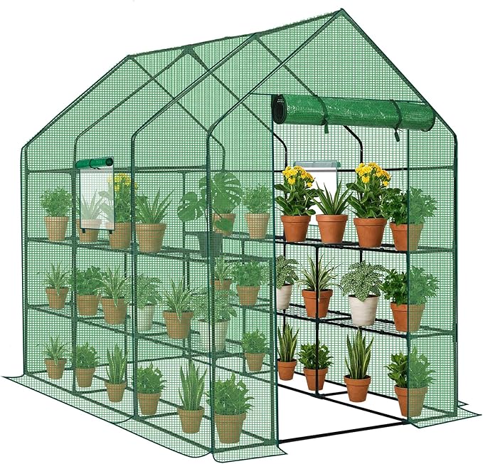 Outvita Walk-in Greenhouse, Outdoor Durable PE Plant Green House for Frost Protection with 3 Tiers 12 Shelves, Shelf Clips, Roll-up Zipper Door, 56"x85"x77" Green