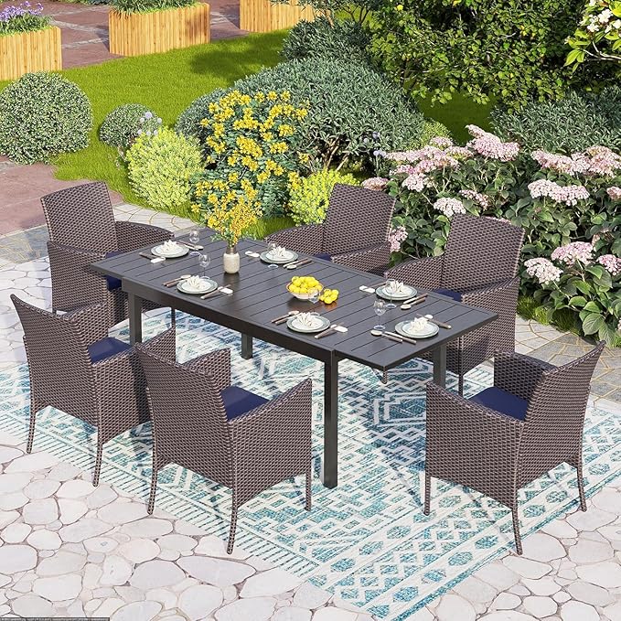PHI VILLA 7 Pieces Outdoor Dining Set for 6, Expandable Rectangular Metal Table & Wicker Chairs with Cushions, Large Furniture Set for Patio, Deck, Yard, Porch
