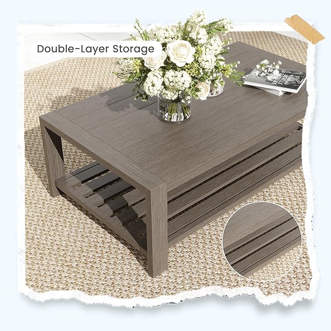 UDPATIO 4 Piece Faux Wood Aluminum Patio Furniture Set Modern Patio Conversation Set with Coffee Table for Balcony, Backyard, Deck, 600D Waterproof Furniture Cover Included, Dark Grey