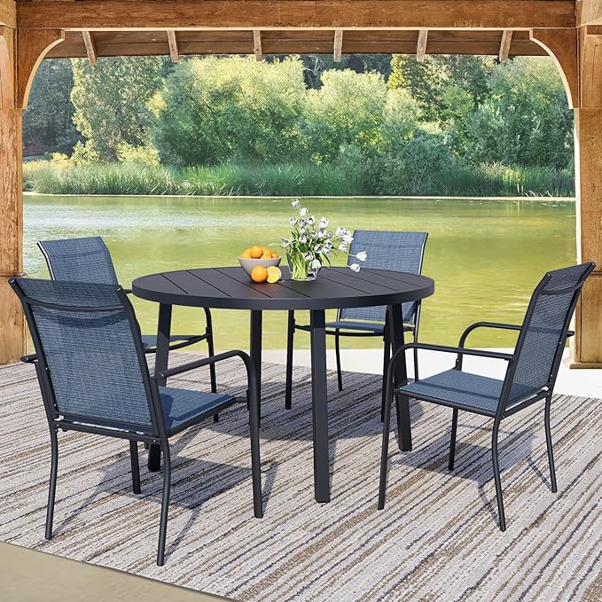 5 Pieces Round Dining Table Set for 4, Patio Dining Set Includes 4 Blue Stackable Patio Chairs and 1 Black Round Table, Patio Furniture Setss with Sling Support for Outside, Garden