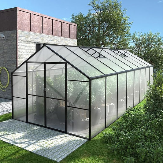MUPATER 8 x16 FT Outdoor Walk-in Backyard Green House Kit with Sliding Lockable Door for Outdoor, Polycarbonate Greenhouse with Aluminum Frame & Adjustable Roof Vent, Garden, Patio, Lawn, Gray