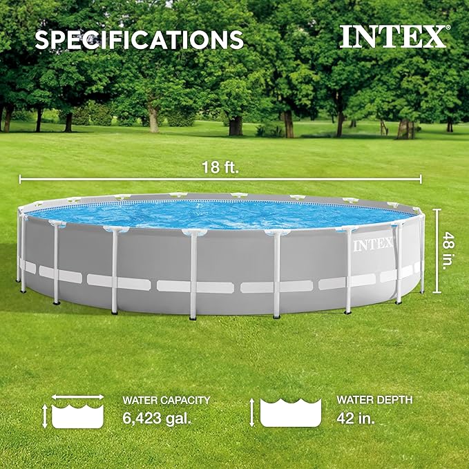 Intex 26731EH Prism Frame Premium Above Ground Swimming Pool Set: 18ft x 48in – Includes 1500 GPH Cartridge Filter Pump – Removable Ladder – Pool Cover – Ground Cloth