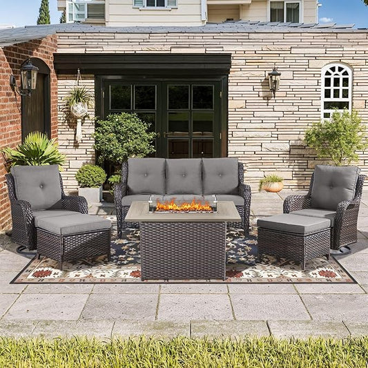 Wicker Outdoor Conversation Se with 50,000 BTU Gas Propane Fire Pit Tablet-6 Pieces Outdoor Wicker High Back Couch Patio Furniture for Deck Poolside Backyard