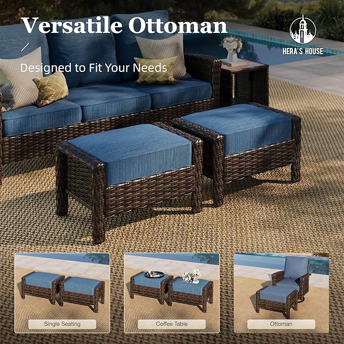 HERA'S HOUSE Wicker Patio Furniture Set, 35" High Back Swivel Chairs with 5.5" Thick Cushions, 5 Pieces Outdoor Seating Furniture, Deck Conversation Set with Ottomans for Lawn Yard Porch, Blue