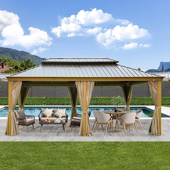 Domi 12' X 18' Hardtop Gazebo Outdoor Metal Gazebo with Galvanized Steel Double Roof Canopy, Wood Grain Aluminum Frame, Curtains and Netting for Patio, Deck, Garden
