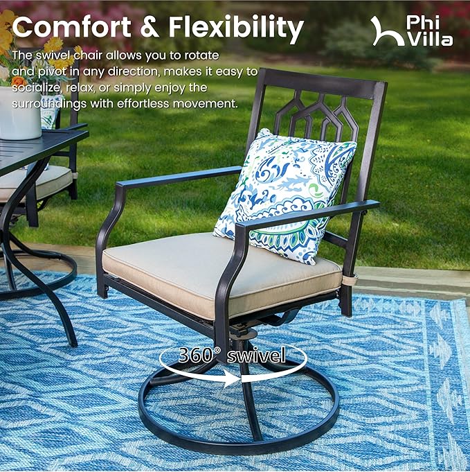 PHI VILLA 9 Piece Outdoor Dining Set for 8, Square Metal Table (60") with Umbrella Hole and Swivel Chairs with Cushions– Perfect for Patio, Garden, Deck, Porch, and Backyard