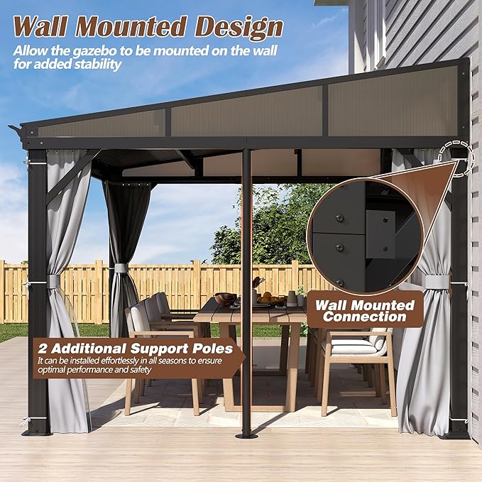 10' x 12' Hardtop Wall Mounted Gazebo, Lean to Gazebo with Galvanized Steel Roof Aluminum Frame Wall Gazebos Pergola with Netting&Curtains for Outdoor, Backyard, Patio