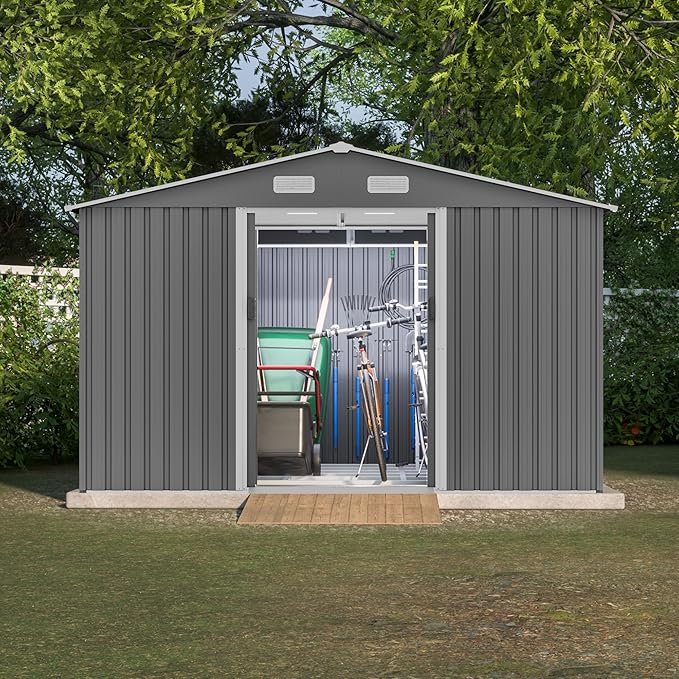 10X8 FT Outdoor Storage Shed with Galvanized Steel Construction & Lockable Doors,All Weather Garden Tool House Sheds W/Sliding Doors and Padlock,for Patio,Backyard,Lawn,Gray