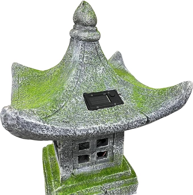 Japanese Pagoda Statue Solar-Powered LED Light Moss-Covered Retro Miniature Tower Lantern Garden Decoration Figurines Solar Lamp Outdoor Asian Decoration Zen Courtyard Landscape 31.5’’High
