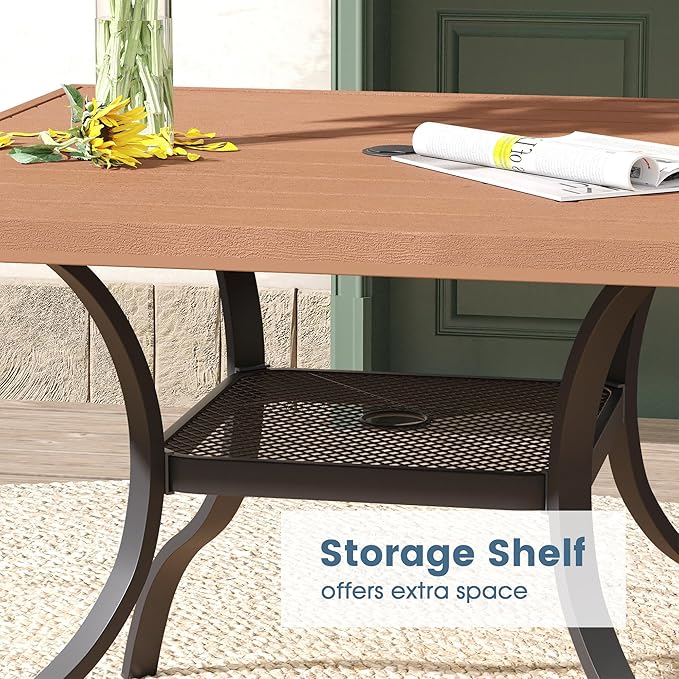 DIFY Outdoor Patio Dining Table for 4, 38.6" Square Patio Table with All-Weather Faux Wood Tabletop and Metal Steel Frame, Outside Table for Garden Porch Backyard, Walnut