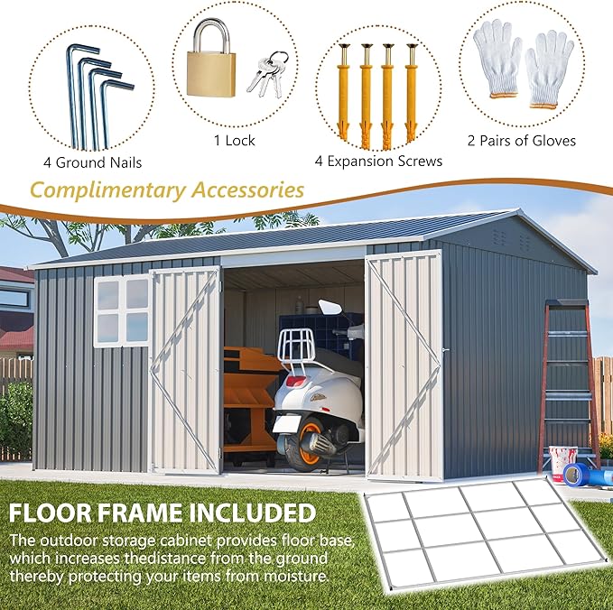 10X12 FT Outdoor Storage Shed Heavy-Duty Metal Sheds & Outdoor Storage with Floor Frame, Rustic Style Window and Lockable Doors Bright and Spacious Tool Sheds for Backyard Garden Patio Lawn, Gray