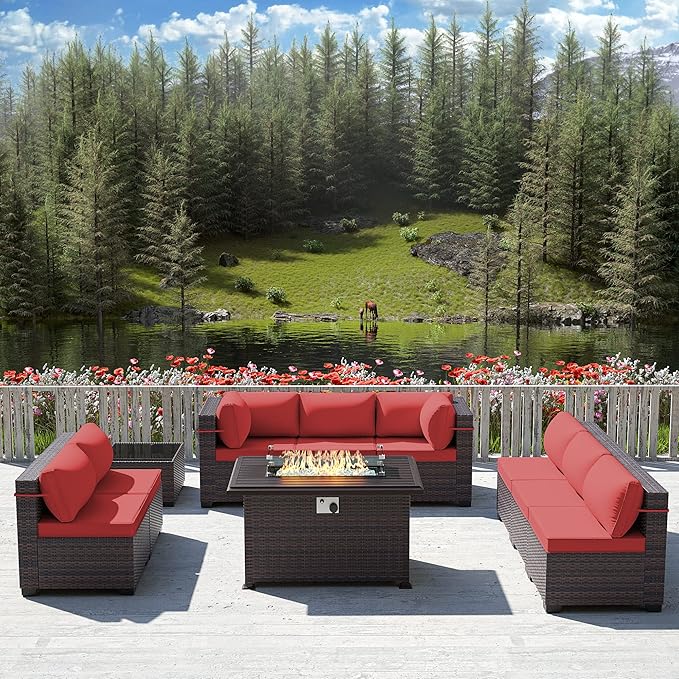 Outdoor Patio Furniture Sets with Propane Fire Pit Table, 10 Pieces Outdoor Furniture Patio Sectional Sofa Conversation Sets w/ETL Approved 43" Gas Outdoor Fire Table & Coffee Table (Red)