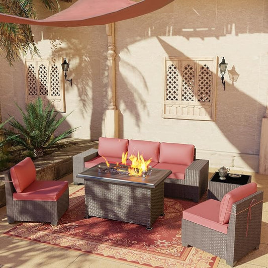 Outdoor Patio Furniture Set with Propane Fire Pit Table, 7 Pieces Outdoor Furniture Patio Sectional Sofa Conversation Sets w/ETL Approved 43" Gas Outdoor Fire Table & Coffee Table RED.