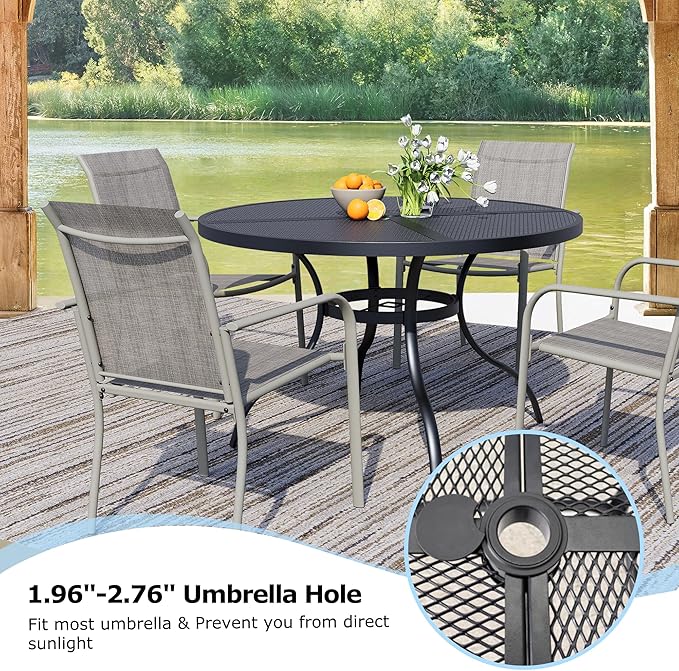 5 Pieces Round Dining Table Set for 4, Patio Dining Set Includes 4 Grey Stackable Patio Chairs and 1 Black Mesh Round Table, Patio Furniture Sets with Sling Support for Outside, Garden
