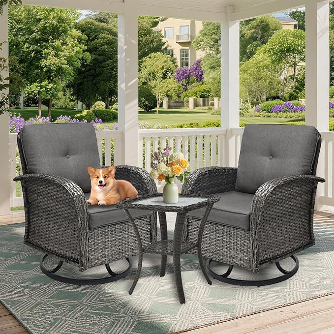 3 Pieces Patio Furniture Set, Outdoor Swivel Rocking Chair Set of 2 with Side Table - 360° Swivel, Thick Cushions, All-Weather Bistro Set for Deck, Porch, Pool(Grey, Grey Full-Weave Rattan)
