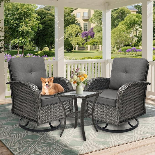 3 Pieces Patio Furniture Set, Outdoor Swivel Rocking Chair Set of 2 with Side Table - 360° Swivel, Thick Cushions, All-Weather Bistro Set for Deck, Porch, Pool(Grey, Grey Full-Weave Rattan)