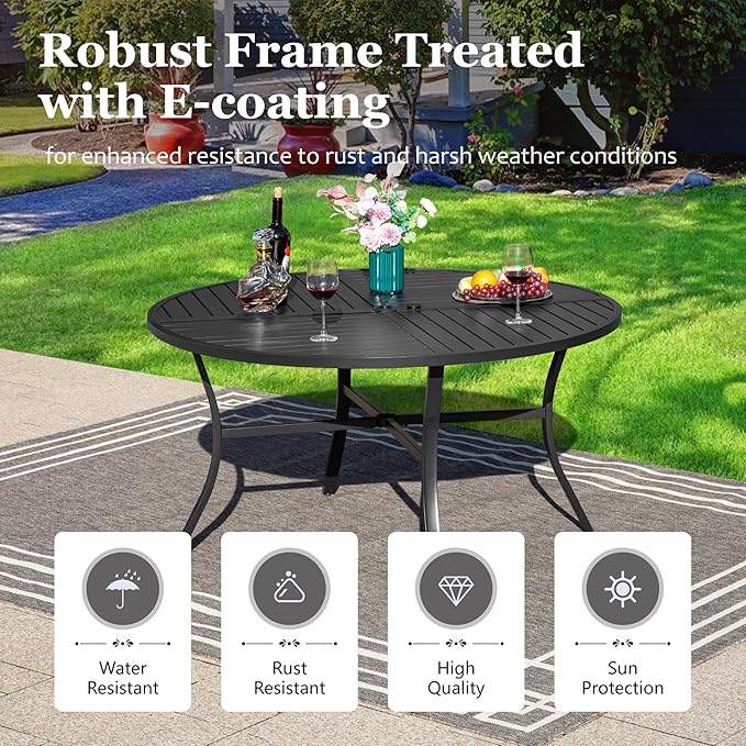 HERA'S HOUSE Patio Table and Chairs, 7 Pieces Outdoor Dining Set, 1 x Round Metal Table with 1.57”-1.9” Umbrella Hole, 6 x Grey Armrest Chairs for Deck Porch Backyard