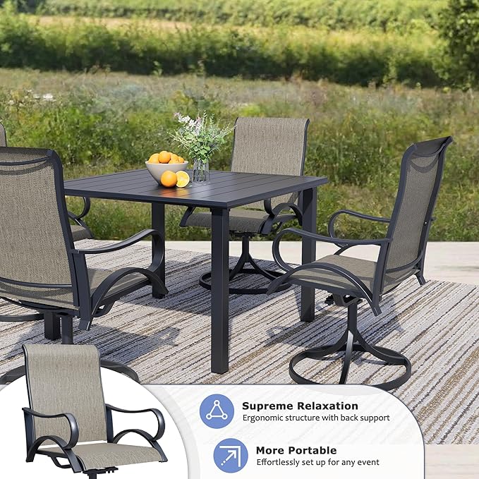 Outdoor Patio Swivel Dining Chairs Set of 6, All-Weather Swivel Rocker Chairs with Textilene High Back and Black Rust-Proof Metal Frame, Perfect for Patio, Lawn, Garden, or Backyard, Brown