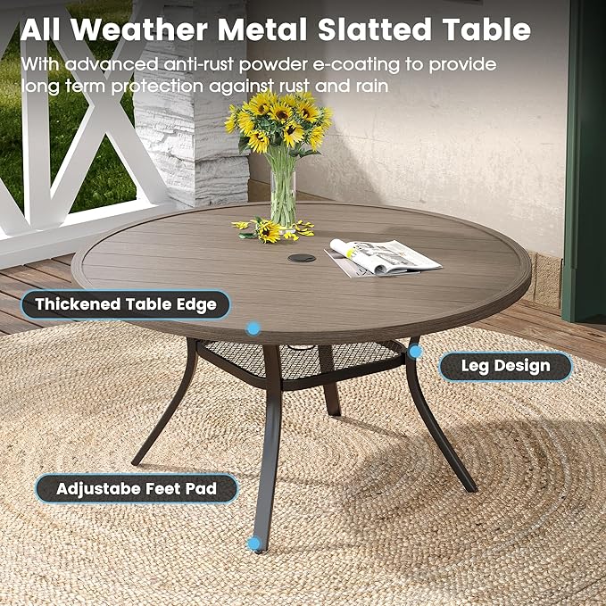 DIFY 7 Pieces Outdoor Patio Dining Set, 6 Grey Textilene Swivel Dining Chairs and 47.2" Grey Wood-Like Round Dining Table, Metal Outdoor Table and Chairs