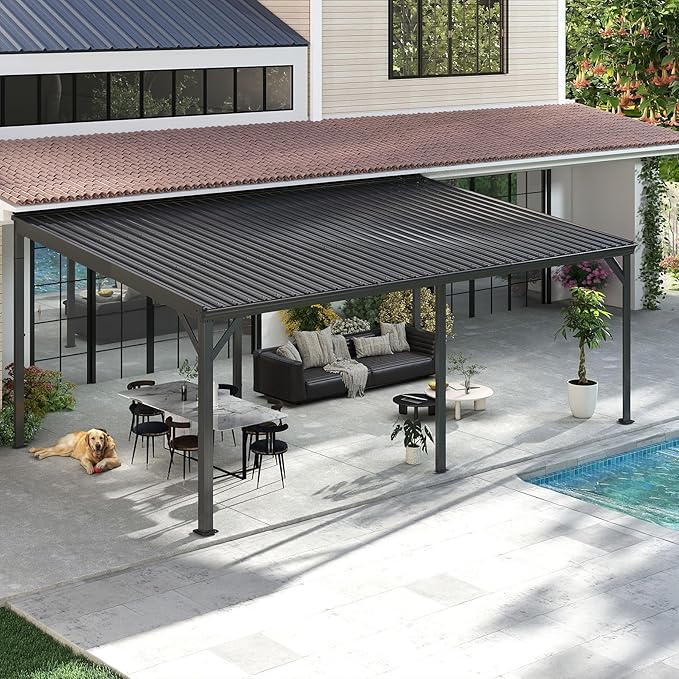 12x20FT Lean to Gazebo, Outdoor Hardtop Wall Mount Gazebo with Gutter & Sloping Galvanized Steel Roof, Metal Hard Top Awnings for Deck, Porch, Backyard