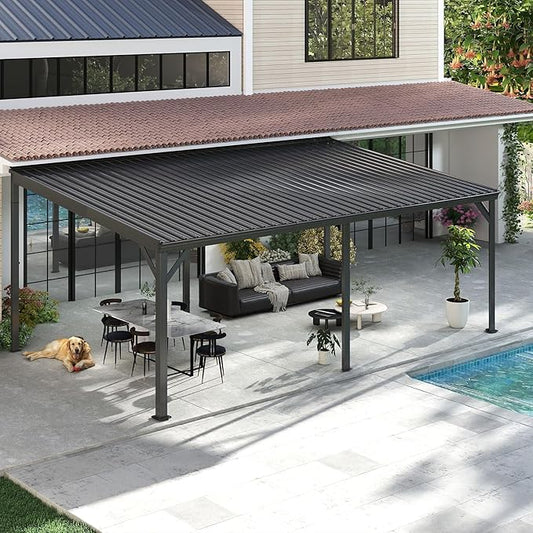 12x20FT Lean to Gazebo, Outdoor Hardtop Wall Mount Gazebo with Gutter & Sloping Galvanized Steel Roof, Metal Hard Top Awnings for Deck, Porch, Backyard