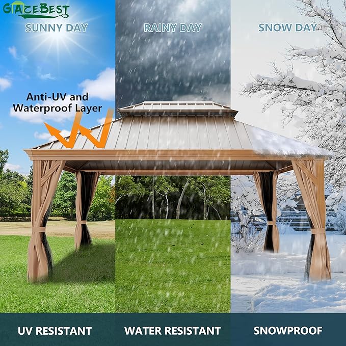 12' X 16' Hardtop Gazebo, Aluminum Wood-Looking Frame Outdoor Permanent Galvanized Steel Double Roof Pavilion Pergola Canopy with Privacy Curtains for Garden, Patio, Backyard, Deck and Lawns.