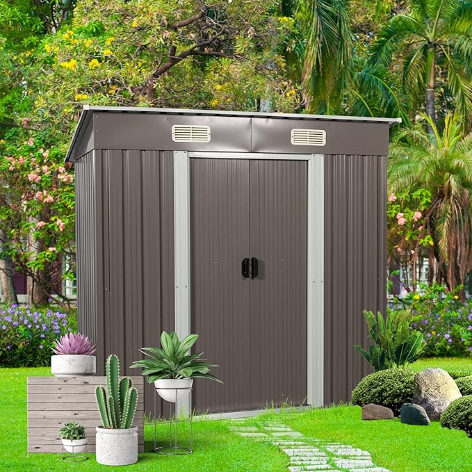 6X4 FT Outdoor Storage Shed, Waterproof Metal Garden Sheds with Lockable Door, Steel Tool Storage Buildings Shed & Outdoor Storage House for Garden, Backyard, Patio, Lawn, Trash Cans(Brown)