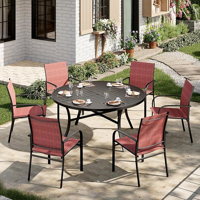 7 Pieces Outdoor Table and Chairs, Patio Dining Set for 6 Includes 54" Round Outdoor Table and 6 Patio Chair Set, Outdoor Dining Furniture Set for Lawn Backyard Deck, Red