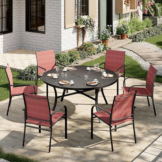 7 Pieces Outdoor Table and Chairs, Patio Dining Set for 6 Includes 54" Round Outdoor Table and 6 Patio Chair Set, Outdoor Dining Furniture Set for Lawn Backyard Deck, Red
