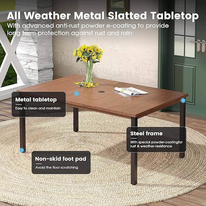 DIFY 7 Pieces Outdoor Patio Dining Set, 6 Brown Textilene Swivel Dining Chairs and 63" Walnut Rectangle Metal Dining Table, Outdoor Table and Chairs