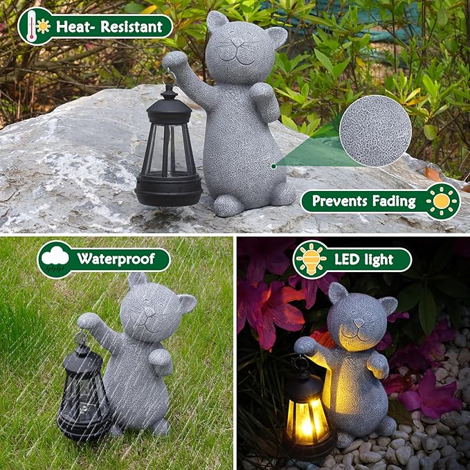 Statues for Garden Decor，Solar Cat Outdoor Statues Outside Decor for Yard Art Lawn Ornaments Porch Patio Balcony Hoe House - Birthday for Grandma Mom Women