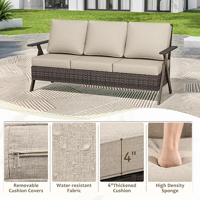 Wicker Outdoor Couch, Patio Furniture Sofa, 3-Seat All Weather Metal Patio Couch with Thick and Soft Cushion, Outdoor Sofa for Balcony, Porch
